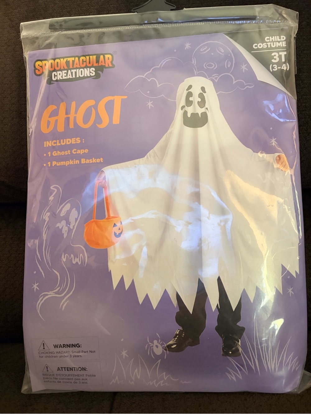Kids White Ghost Costume with Pumpkin Basket - Size 3T/4T